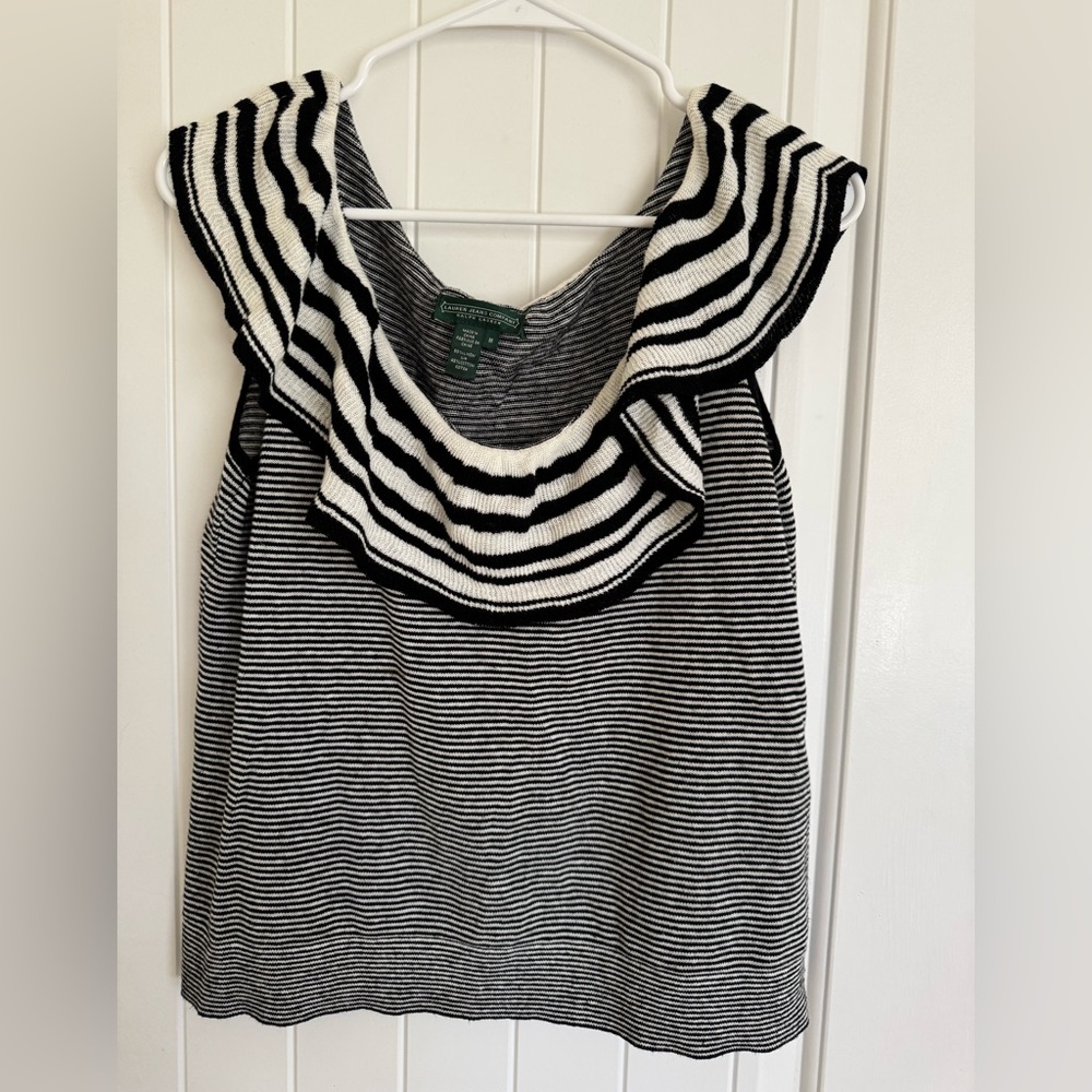 Lauren Ralph Lauren Ruffle Sweater Top Black White Stripe Linen Cotton Classic